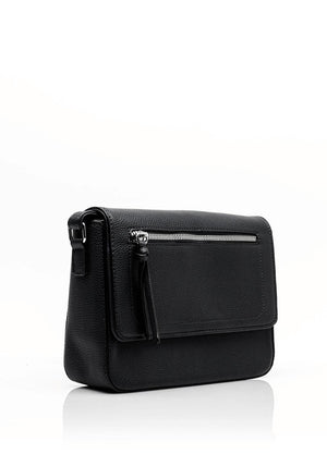 Zen Collection Pebbled Faux Leather Flap Over Medium Crossbody Bag, Black
