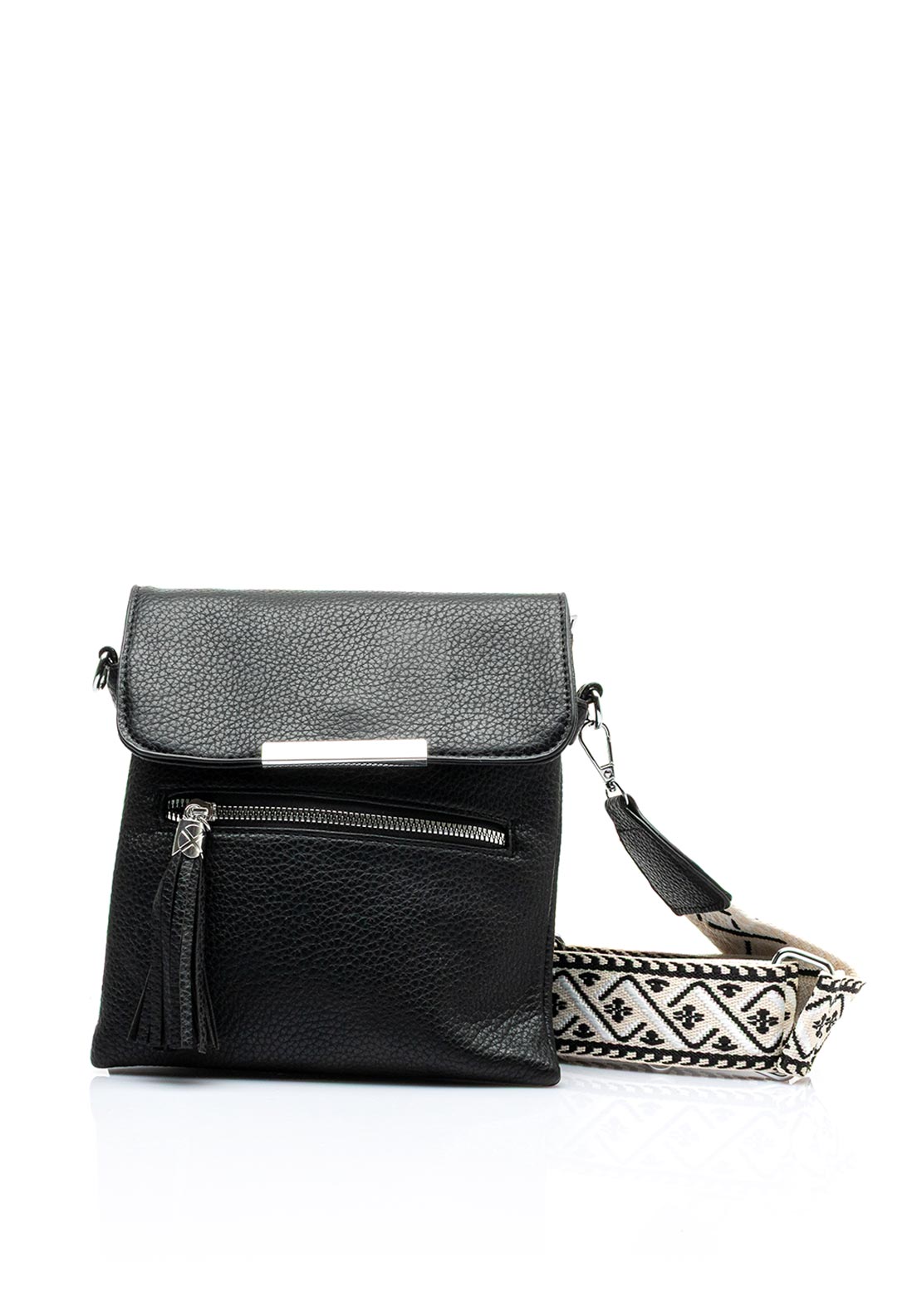 Zen Collection Flap Over Woven Strap Crossbody Bag, Black
