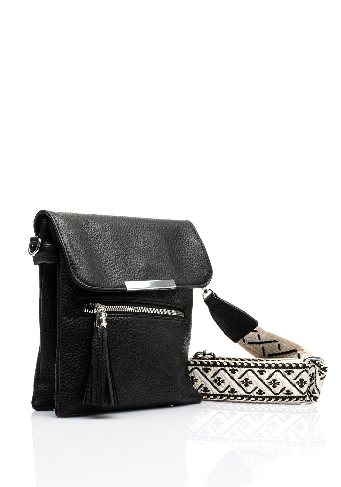 Zen Collection Flap Over Woven Strap Crossbody Bag, Black