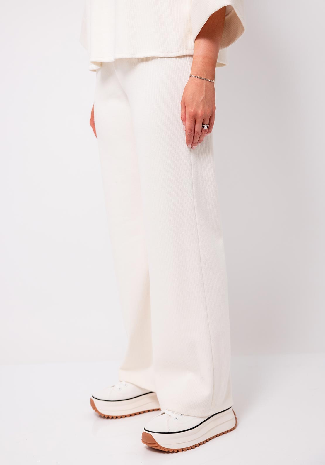 d.e.c.k by Decollage Ribbed Wide Leg Trousers, Cream