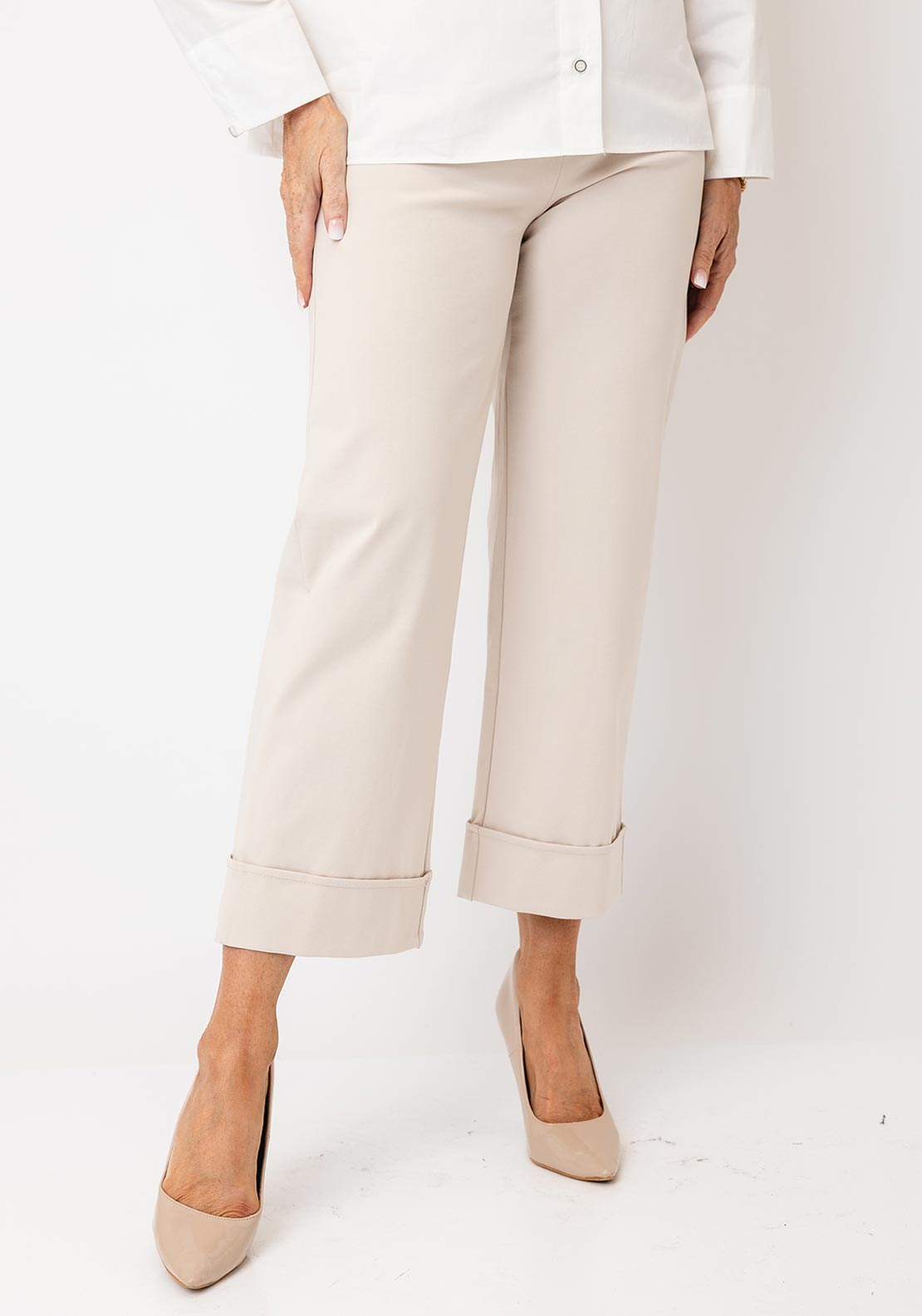 d.e.c.k by Decollage Turned Up Hem Wide Leg Trousers, Beige