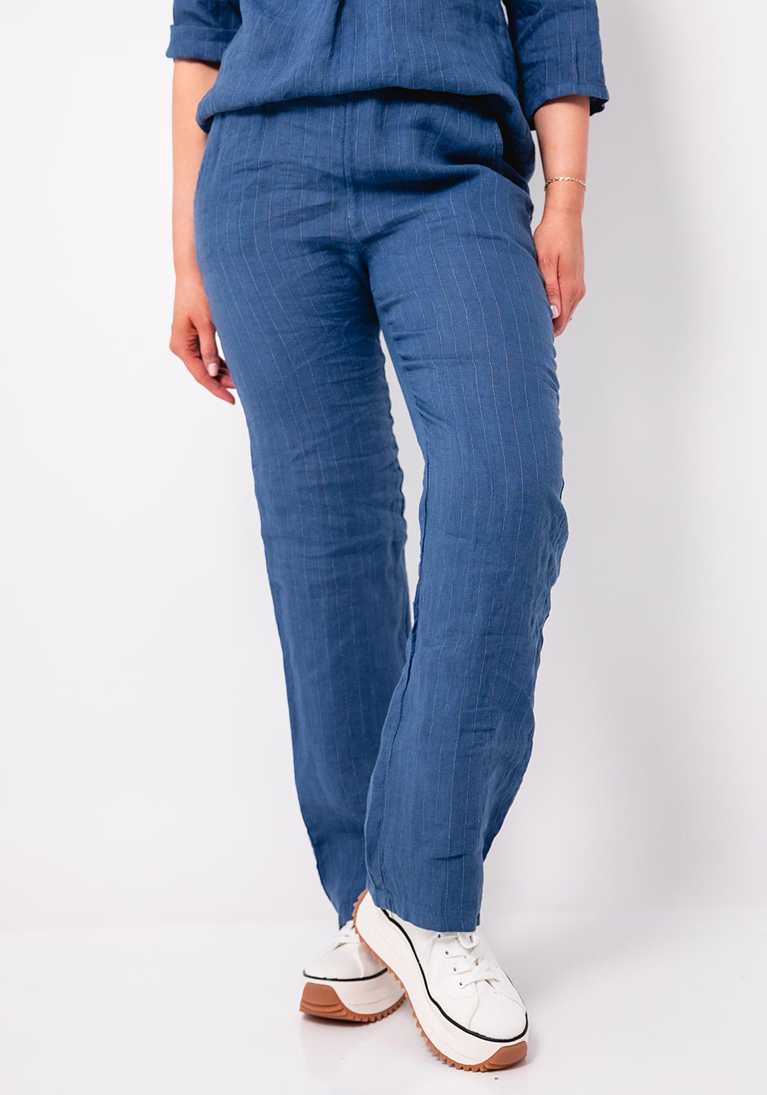 D.E.C.K By Decollage Pinstripe Straight Leg Linen Trouser, Blue