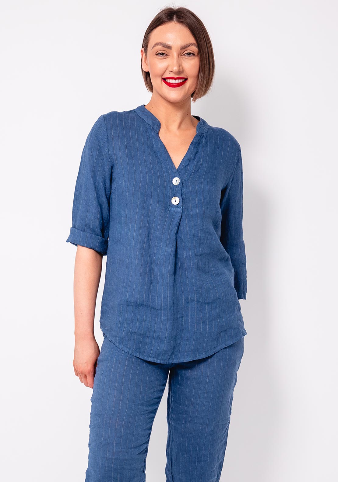D.E.C.K By Decollage V-Neck Pinstripe Linen Top, Blue