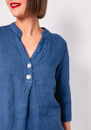 D.E.C.K By Decollage V-Neck Pinstripe Linen Top, Blue