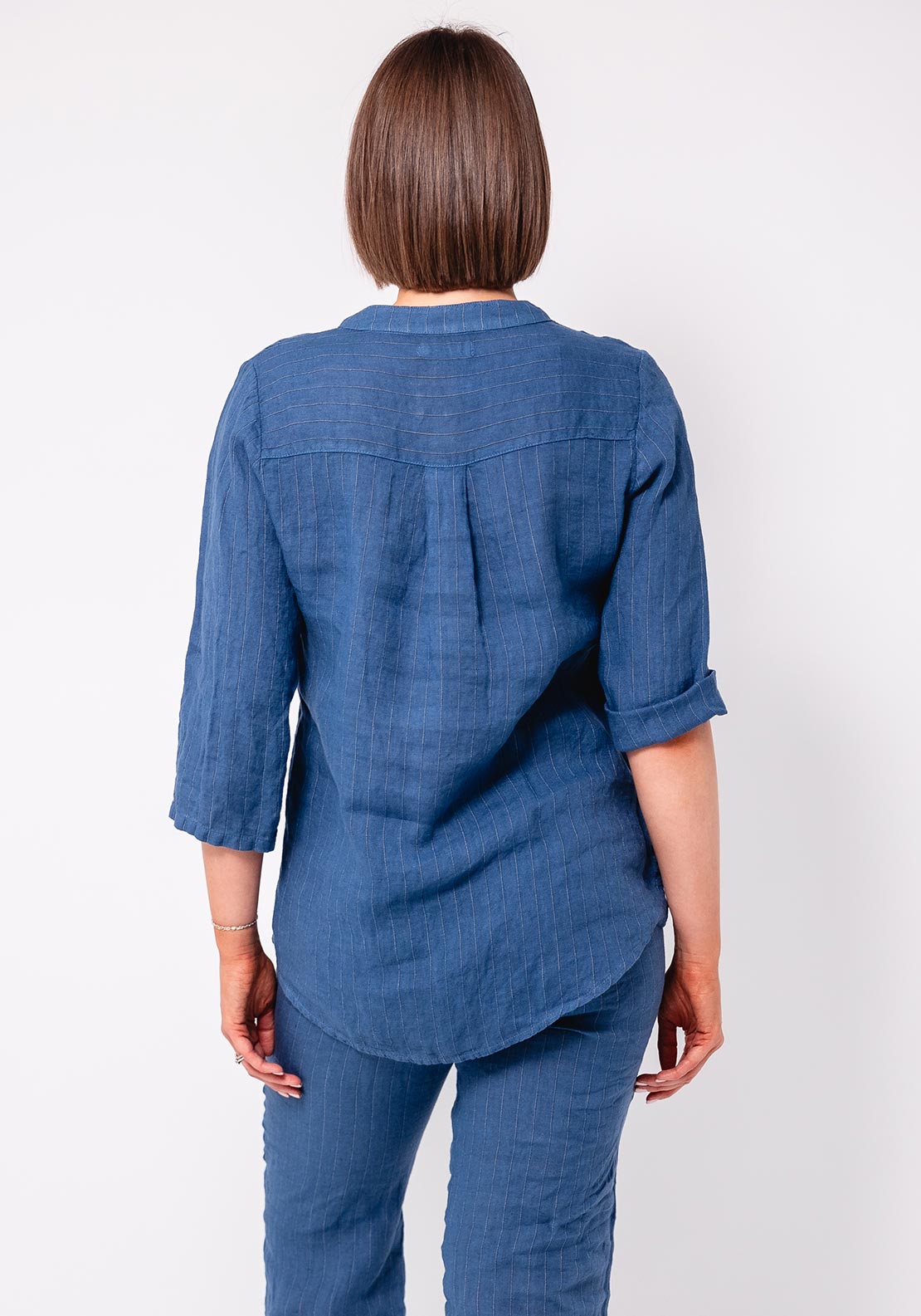 D.E.C.K By Decollage V-Neck Pinstripe Linen Top, Blue