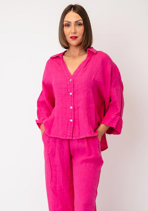 D.e.c.k by Decollage Linen Cropped Sleeve Blouse, Pink