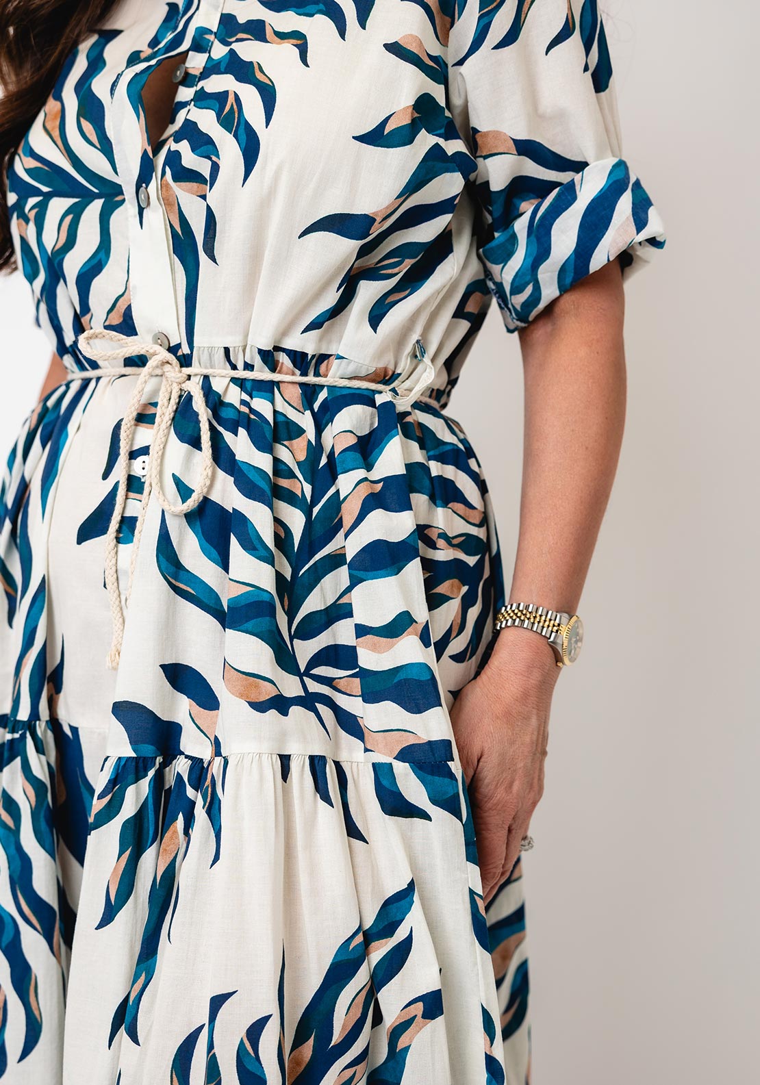 D.E.C.K by Decollage One Size Leaf Print Tiered Shirt Dress, Navy