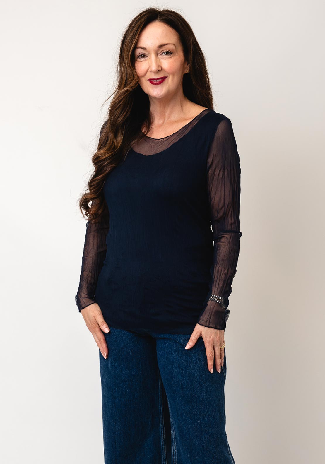 D.E.C.K By Decollage Mesh Long Sleeve Top, Navy
