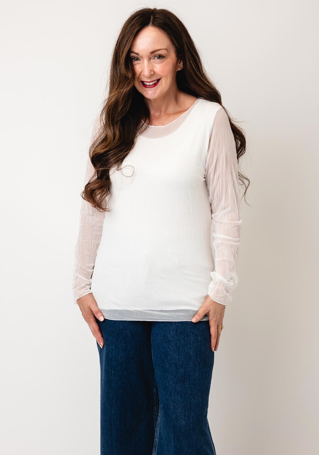 D.E.C.K By Decollage Mesh Long Sleeve Top, White