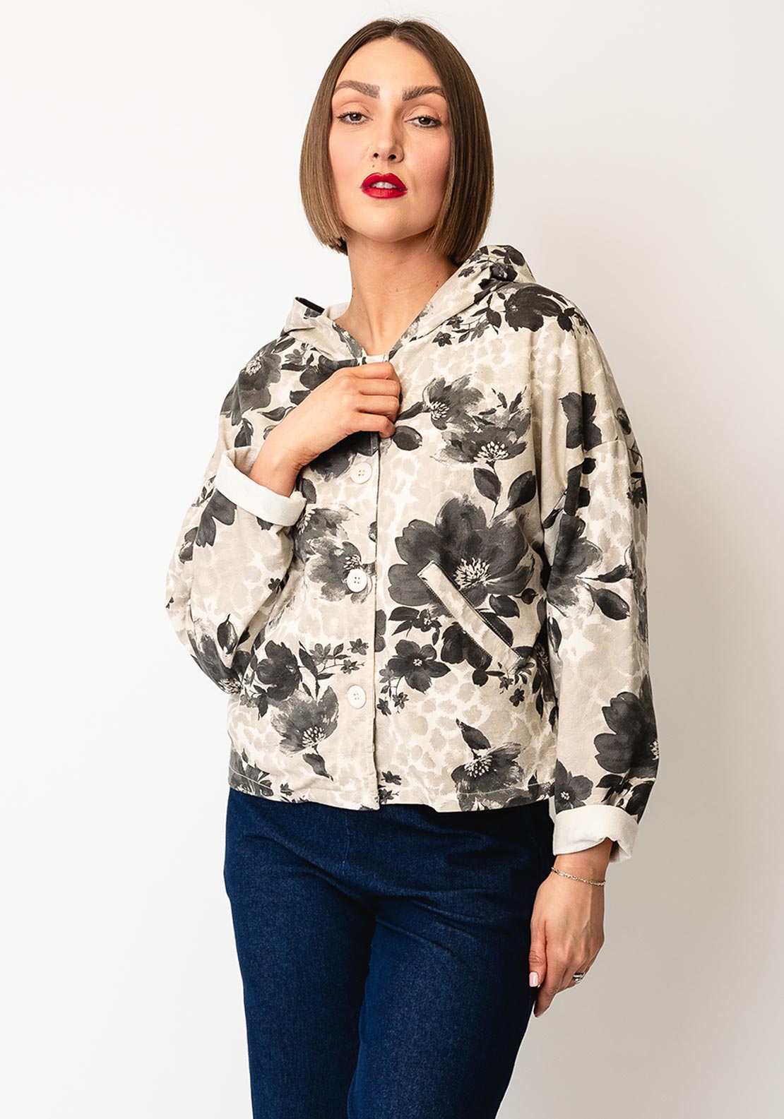 D.e.c.k by Decollage One Floral Hooded Jacket, Beige