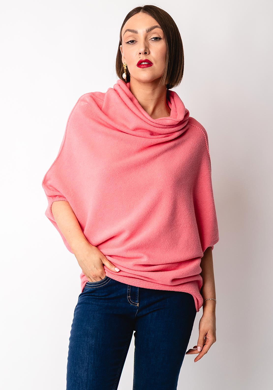 d.e.c.k by Decollage Cowl Neck Batwing Jumper, Coral