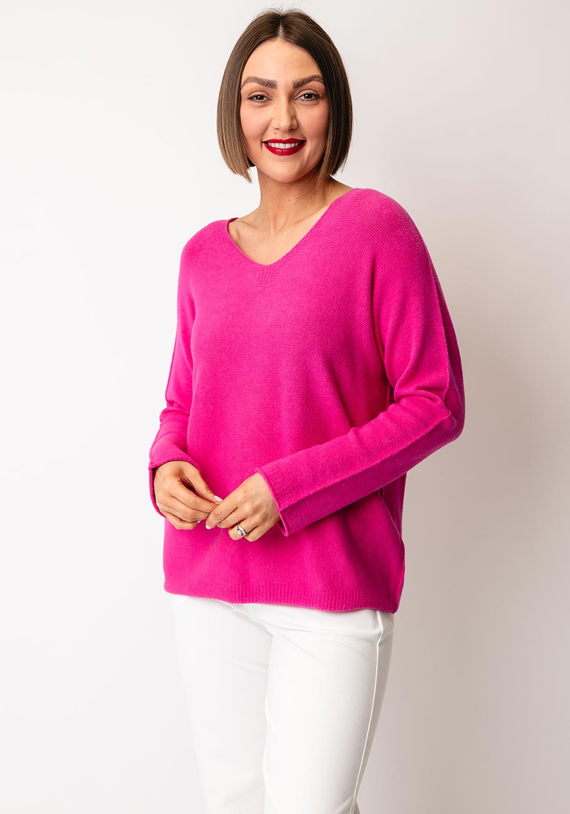 D.E.C.K by Decollage One Size V-Neck Sweater, Fuchsia