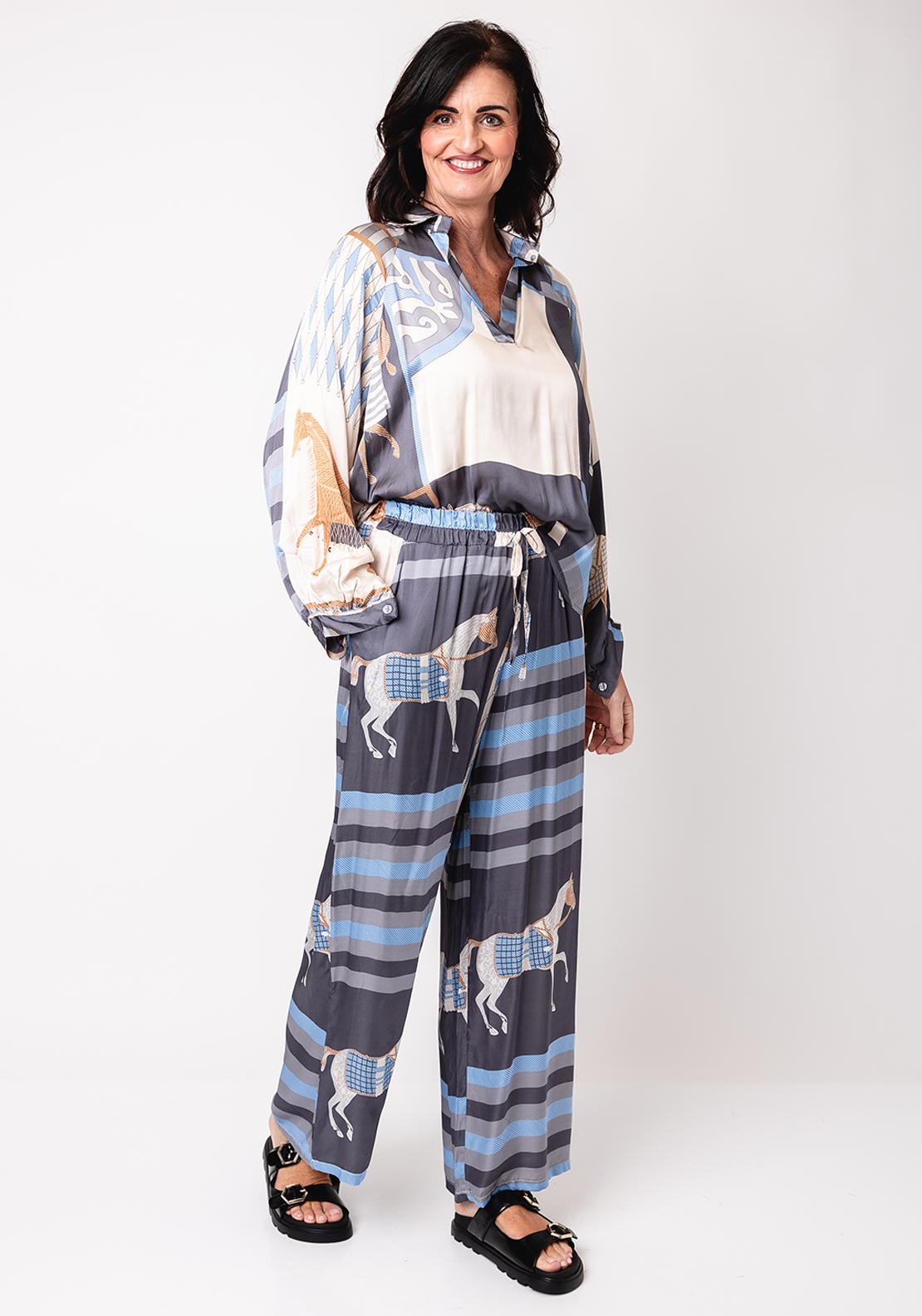 d.e.c.k by Decollage One Size Abstract Equestrian Print Blouse, Grey