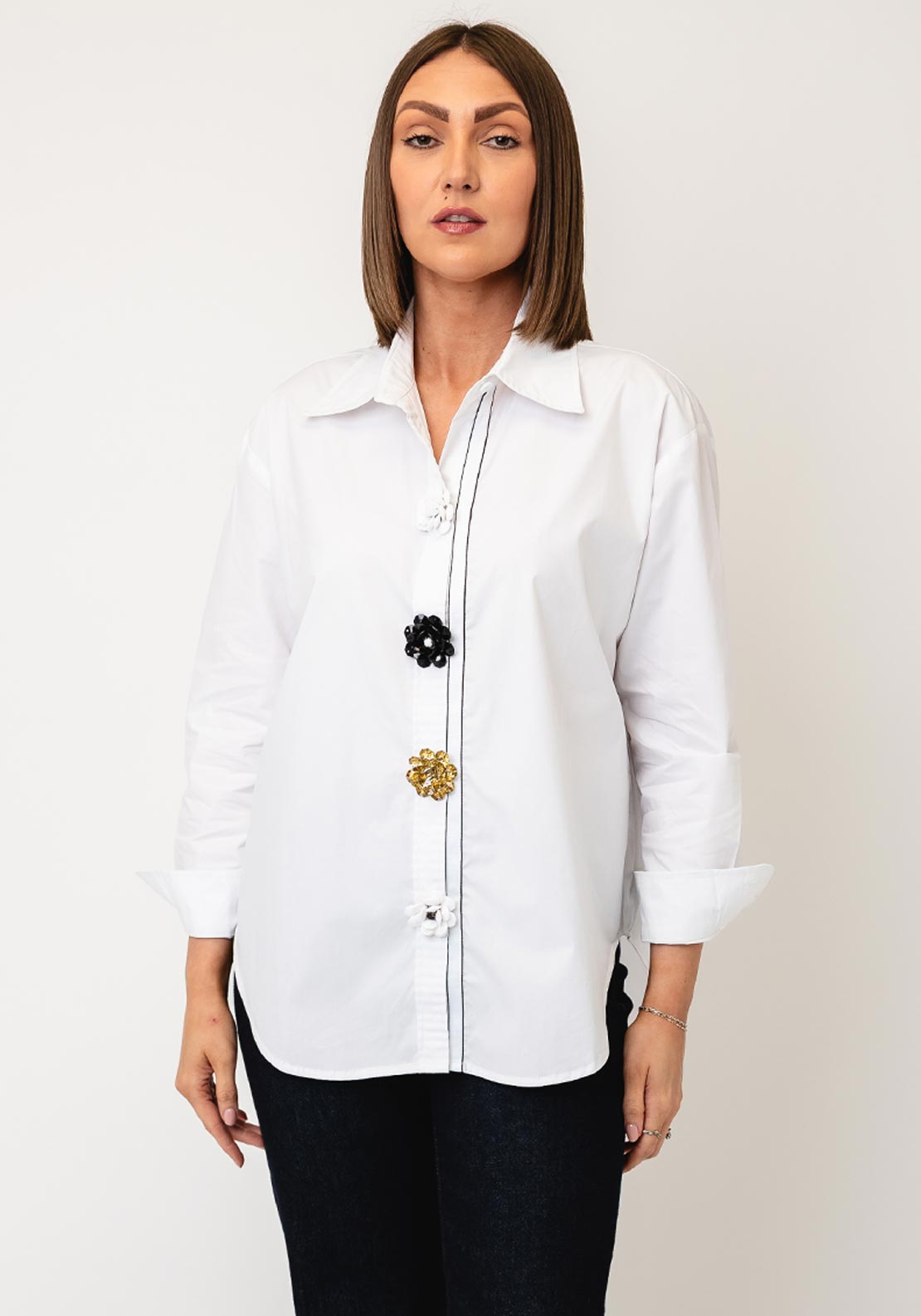 d.e.c.k By Decollage Snap Button with 3D Floral Detail Shirt, White