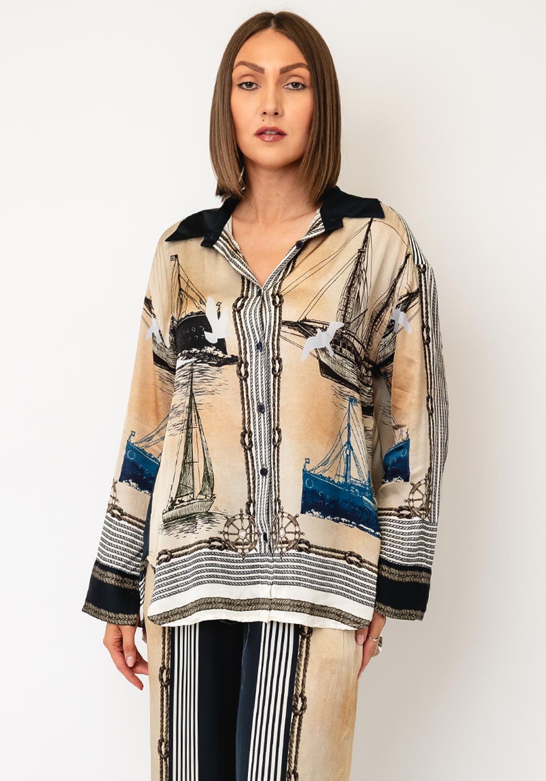 d.e.c.k By Decollage One Size Ship Print Blouse, Beige Multi