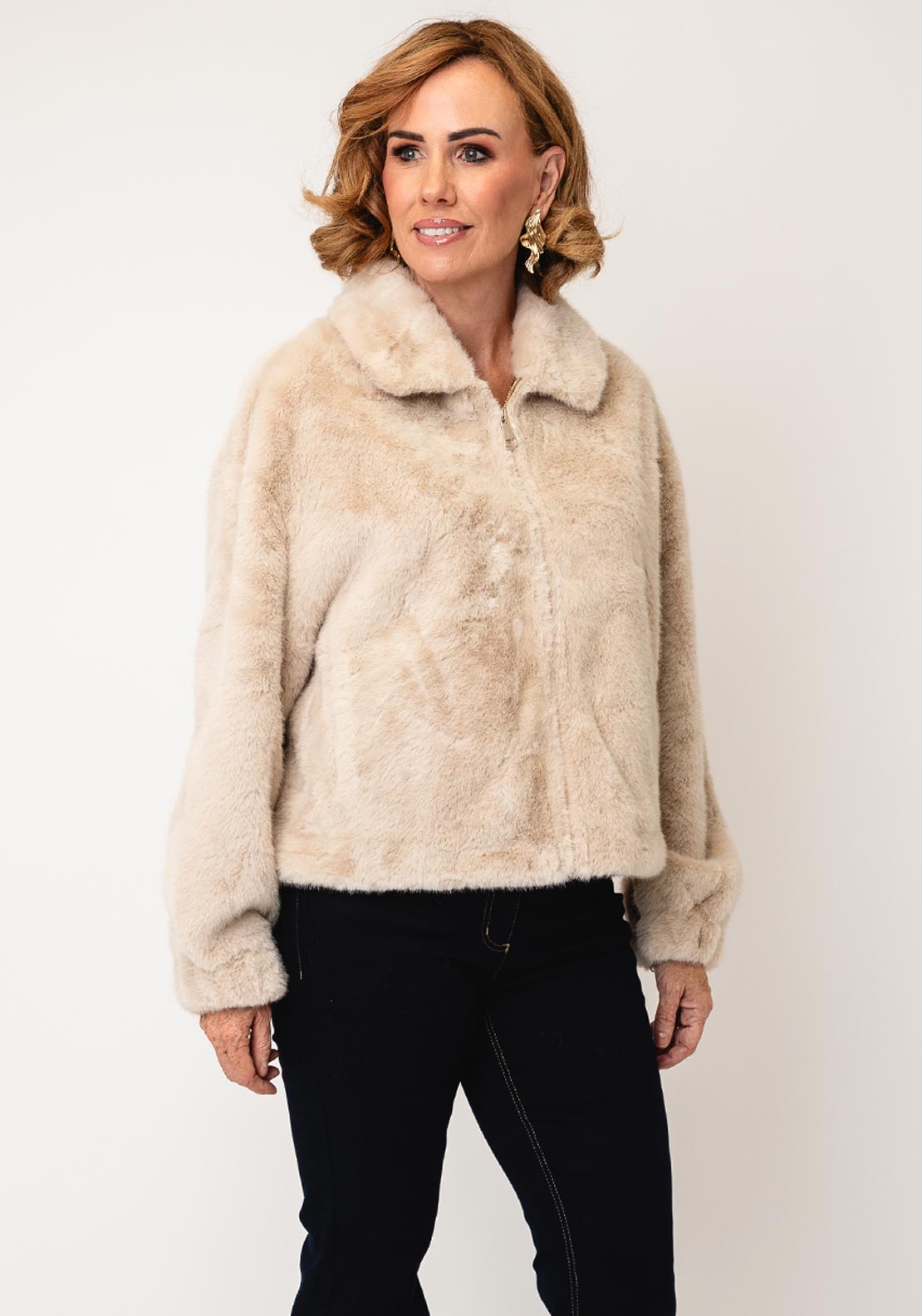 DECOLLAGE FAUX FUR JACKET