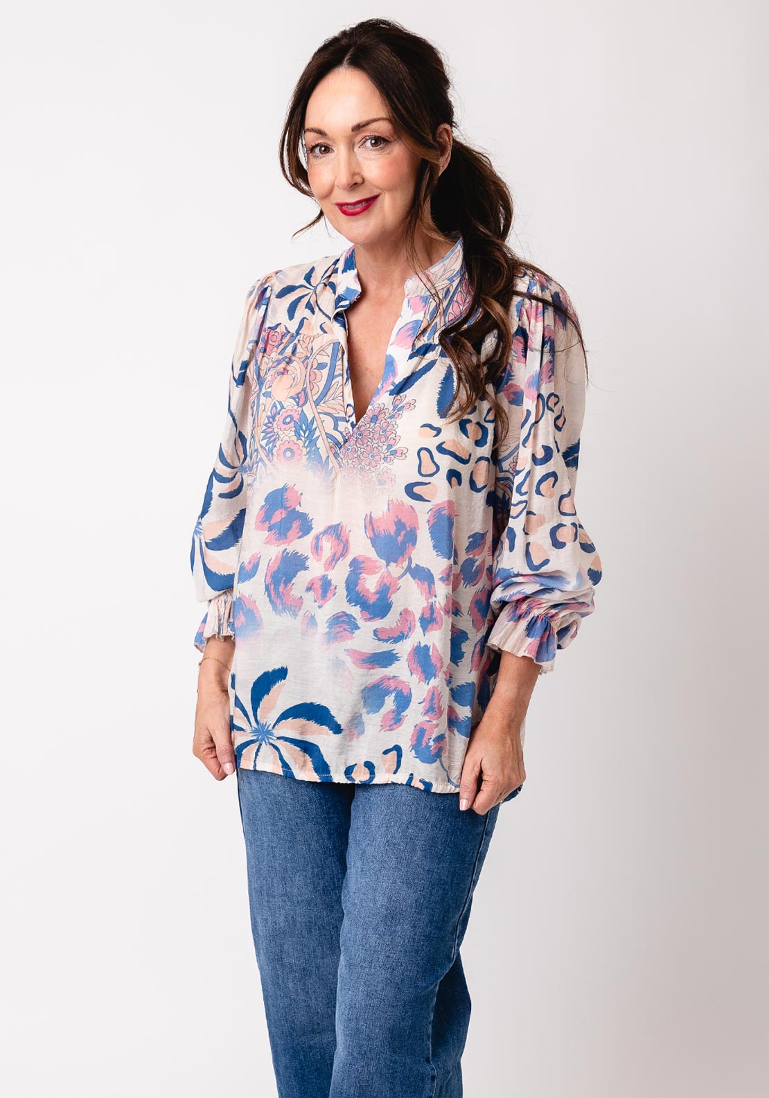 d.e.c.k by Decollage Floral Animal Print Blouse, Blue Multi