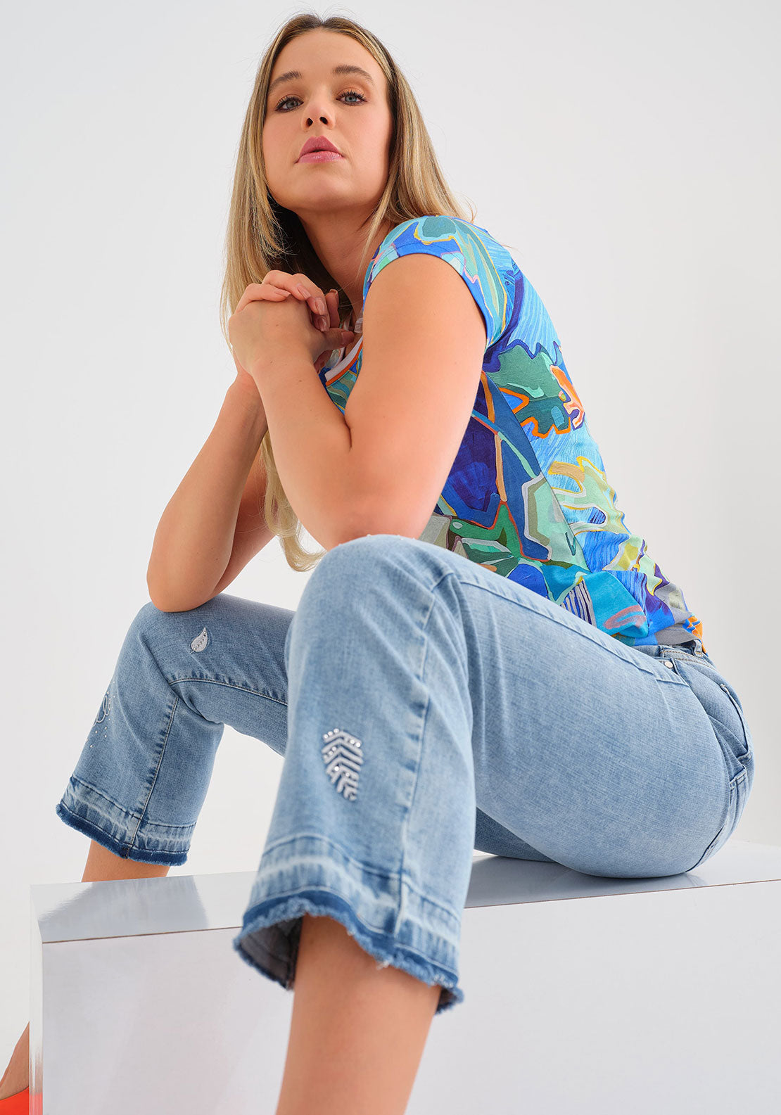 Dolcezza Printed Short Sleeve T Shirt, Blue Multi