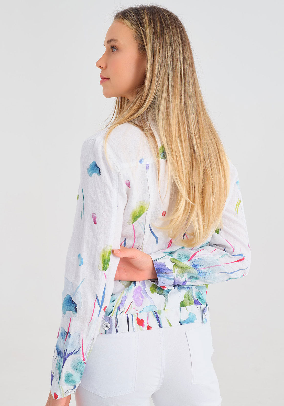 Dolcezza Watercolour Floral Print Linen Jacket, White Multi