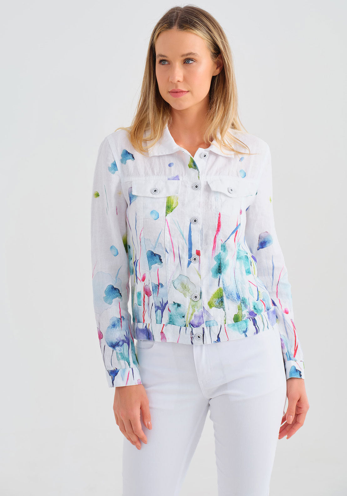 Dolcezza Watercolour Floral Print Linen Jacket, White Multi