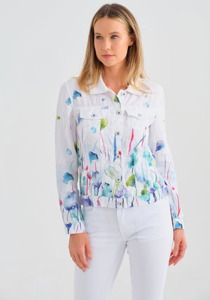 Dolcezza Watercolour Floral Print Linen Jacket, White Multi