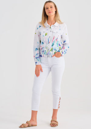Dolcezza Watercolour Floral Print Linen Jacket, White Multi