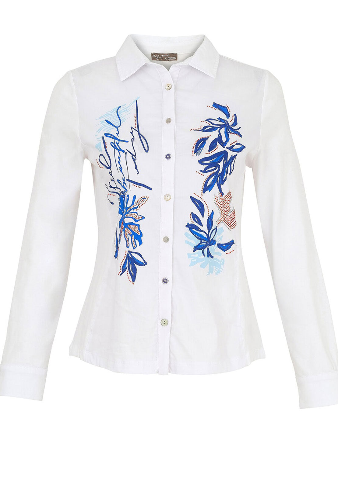 Dolcezza Embellished Abstract Floral Print Shirt, White