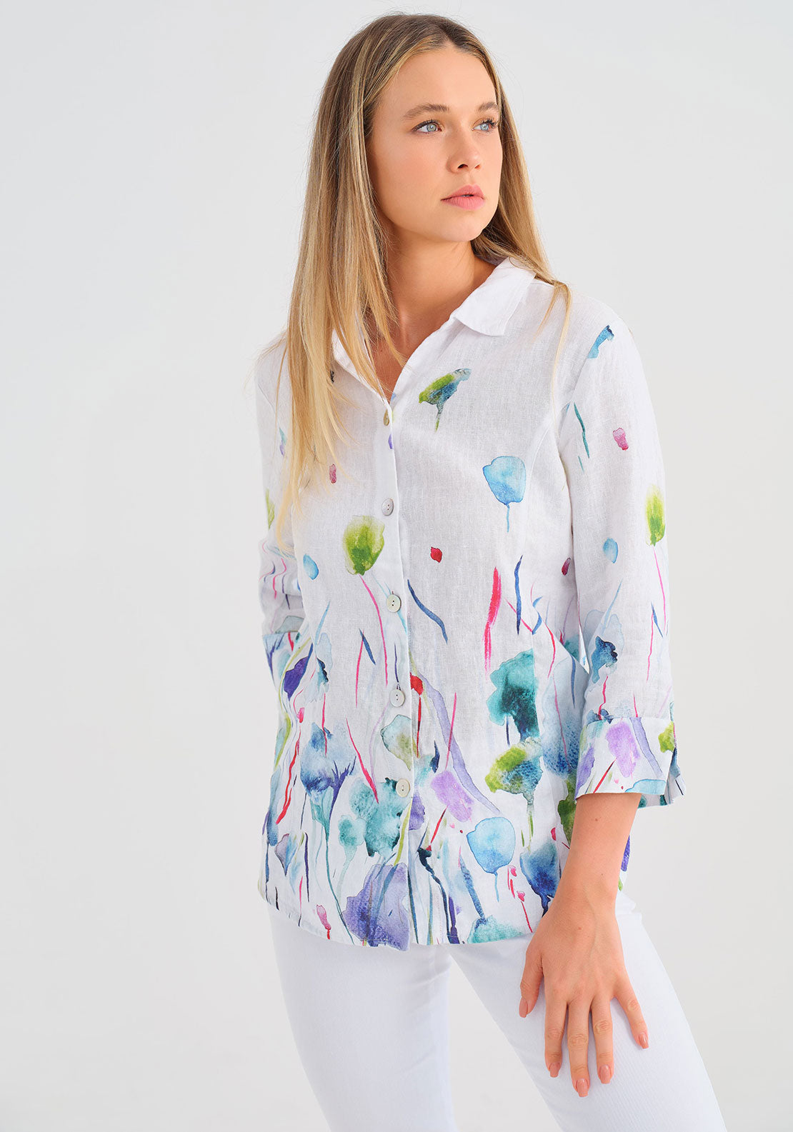 Dolcezza Linen Watercolour Floral Shirt, White Multi