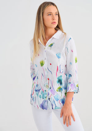 Dolcezza Linen Watercolour Floral Shirt, White Multi