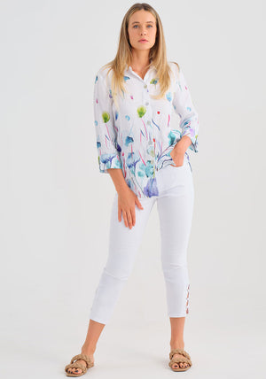 Dolcezza Linen Watercolour Floral Shirt, White Multi