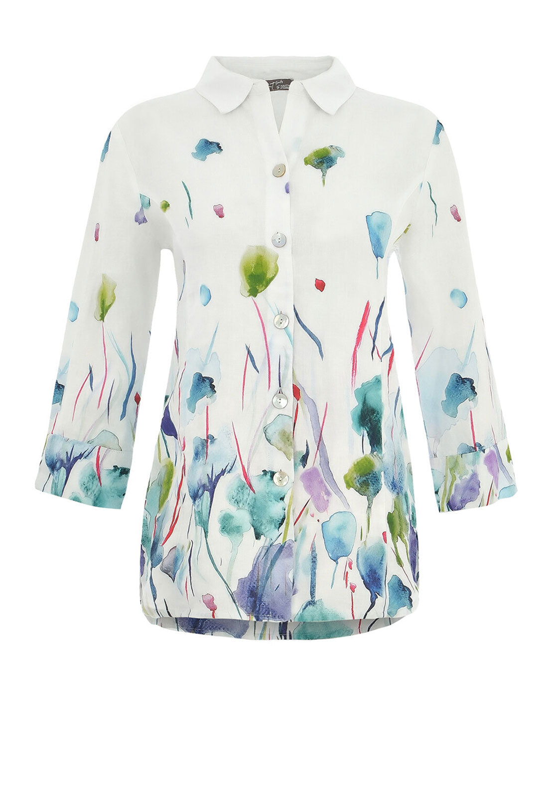 Dolcezza Linen Watercolour Floral Shirt, White Multi