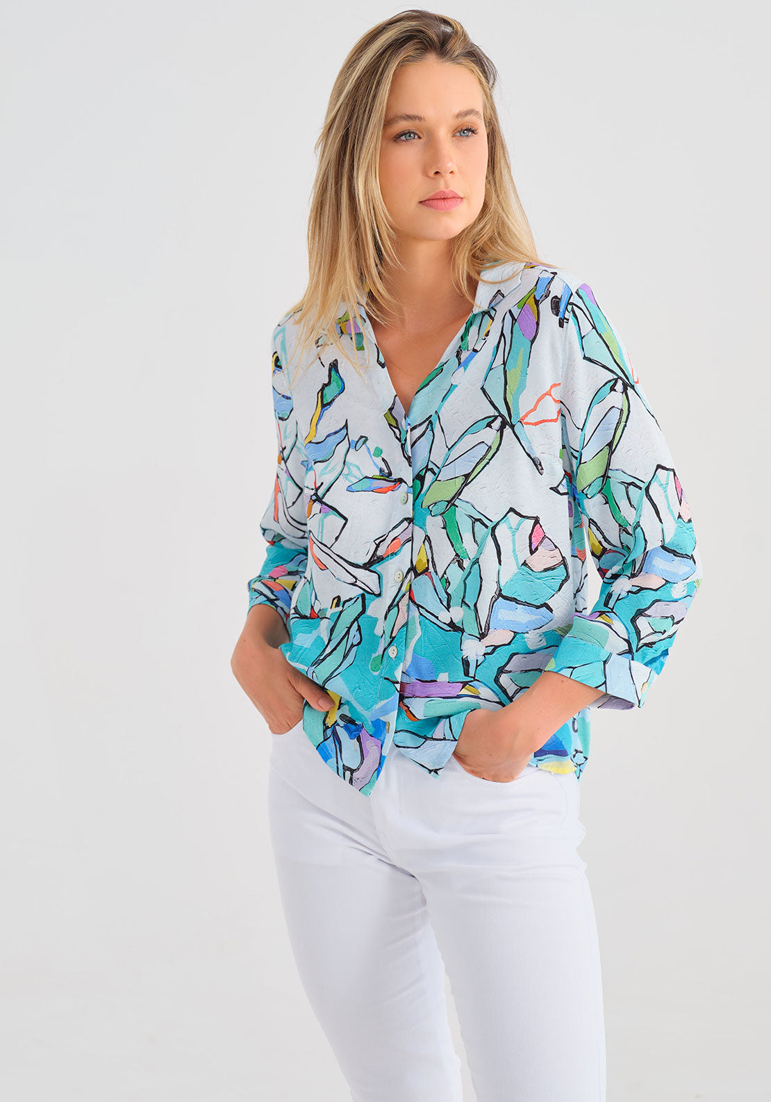 Dolcezza Abstract Print V Neck Shirt, Multi-Coloured