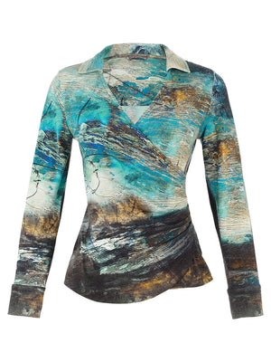 Dolcezza Wrap V-Neck Collar Blouse, Blue