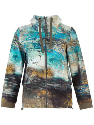Dolcezza Abstract High Neck Zip Up Jacket, Blue