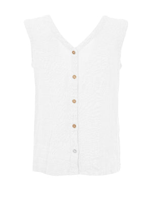 Dolcezza Linen V Neck Button Back Top, White