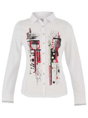 Dolcezza Abstract Rhinestone V-Neck Blouse, White