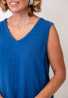 Dolcezza Linen V Neck Button Back Top, Blue
