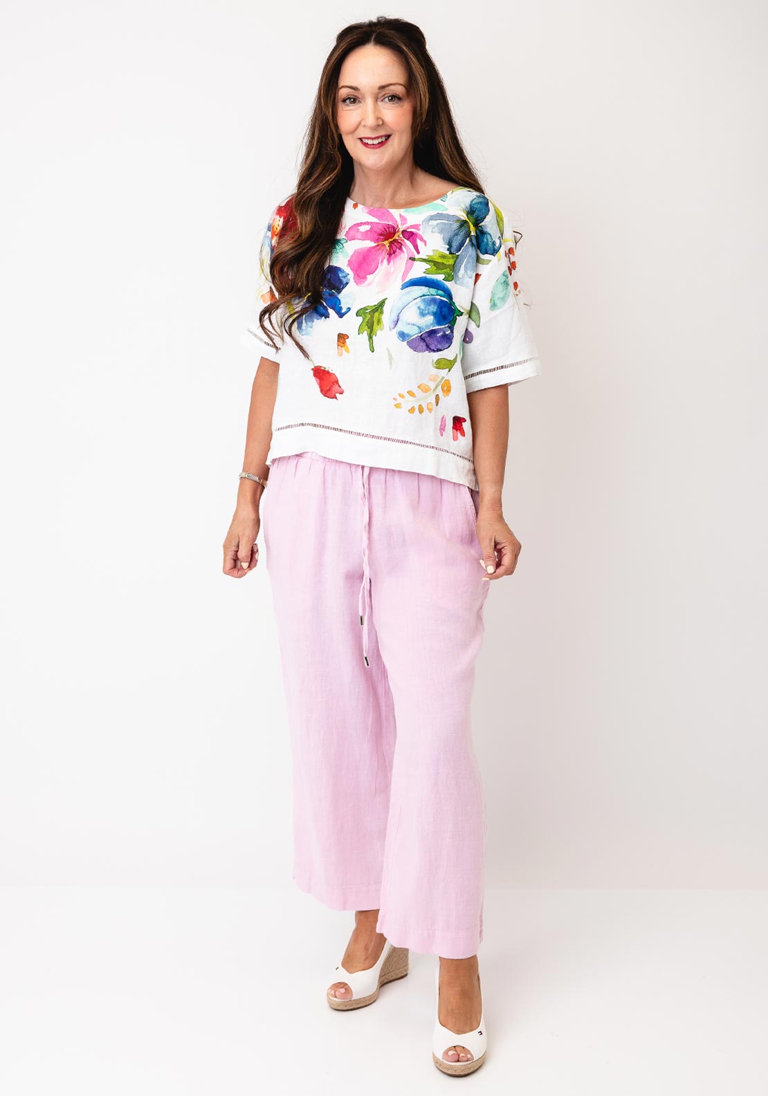 Dolcezza Button-Down Floral Detail Blouse, White Multi