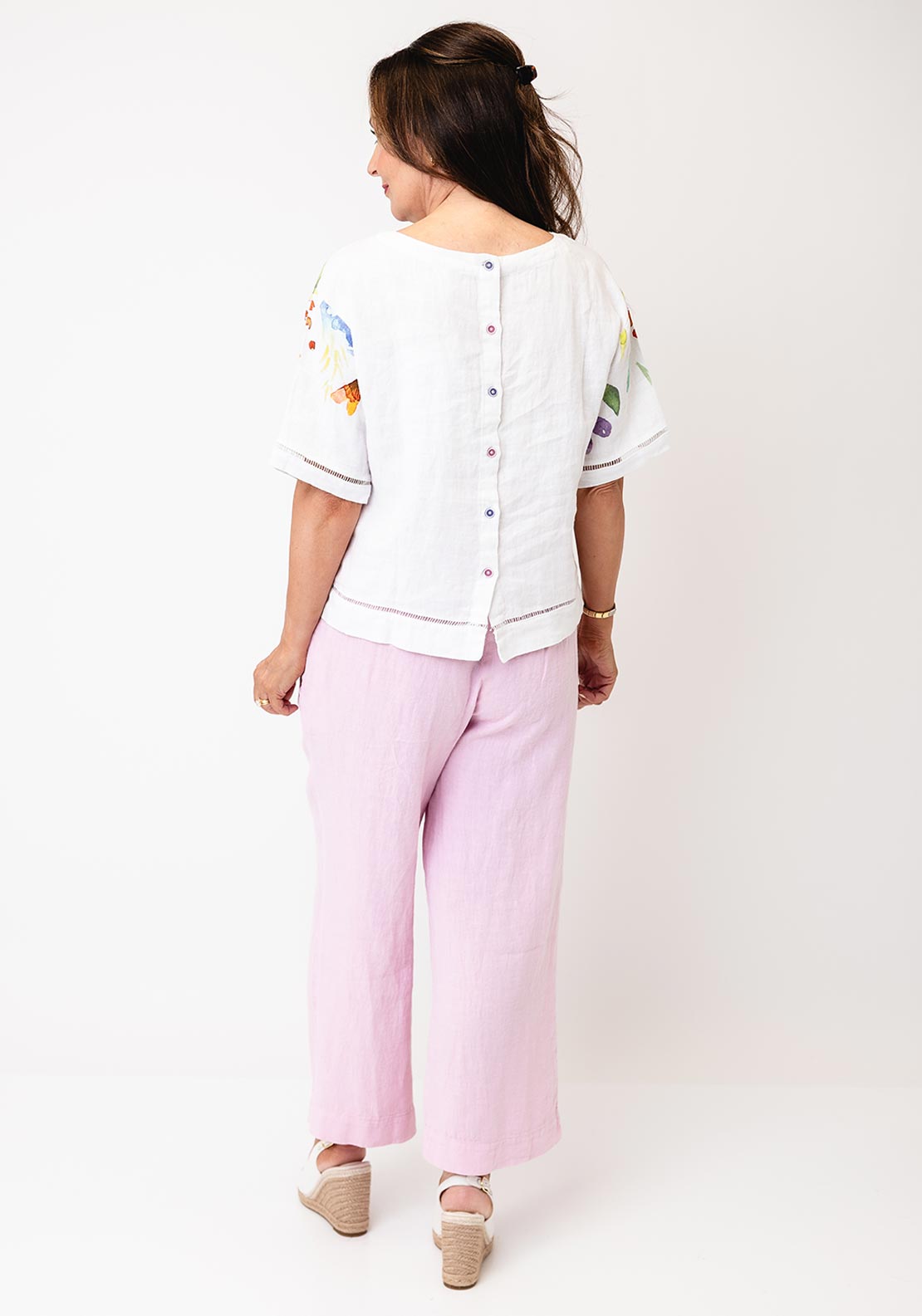 Dolcezza Button-Down Floral Detail Blouse, White Multi