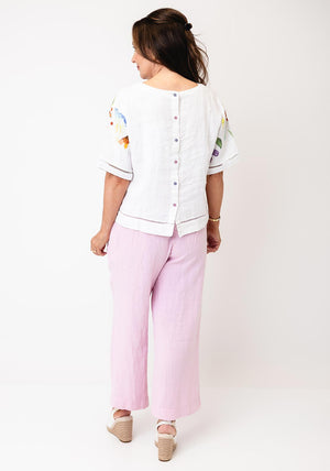 Dolcezza Button-Down Floral Detail Blouse, White Multi