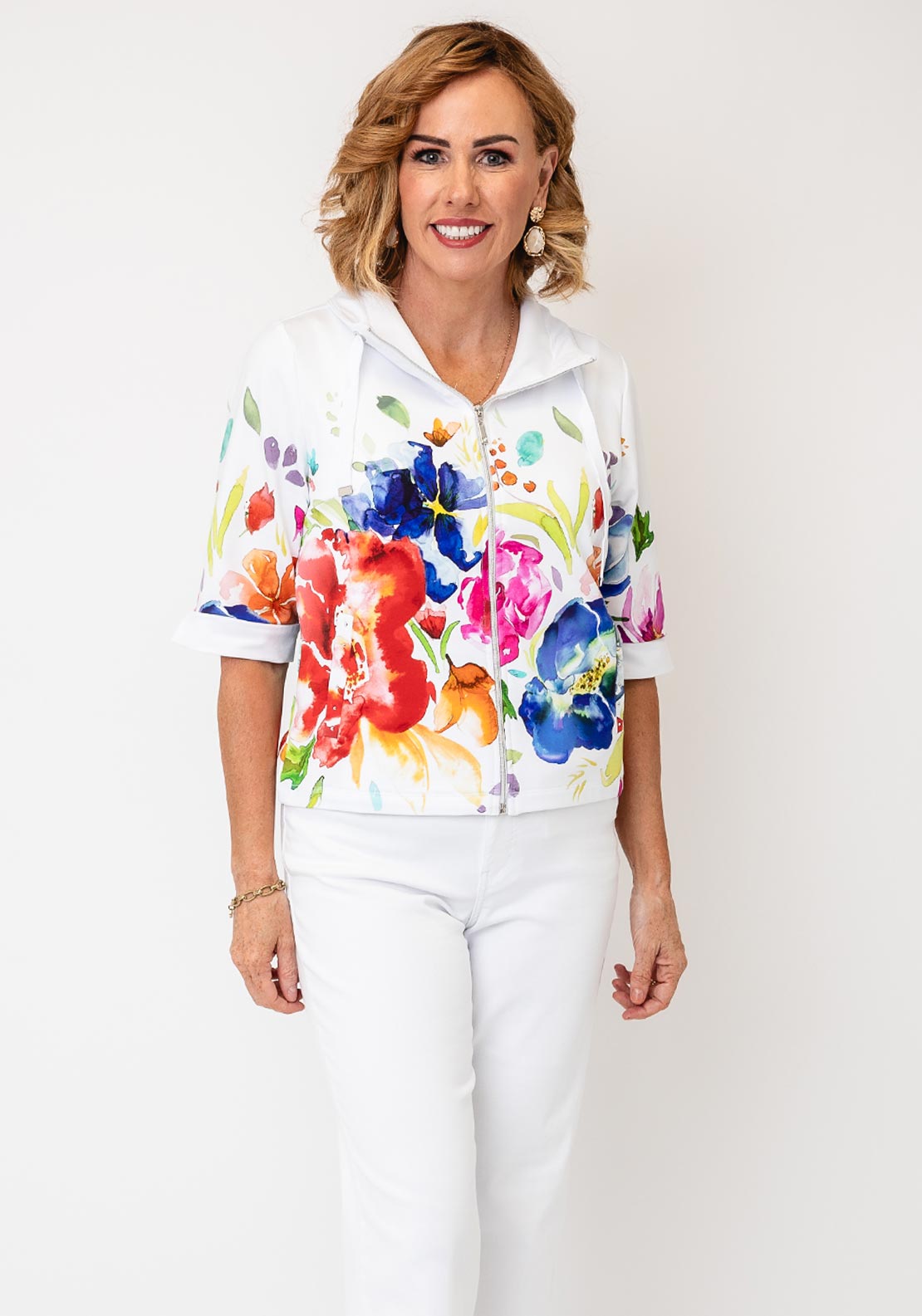 Dolcezza Floral Print Zip Jacket, White Multi