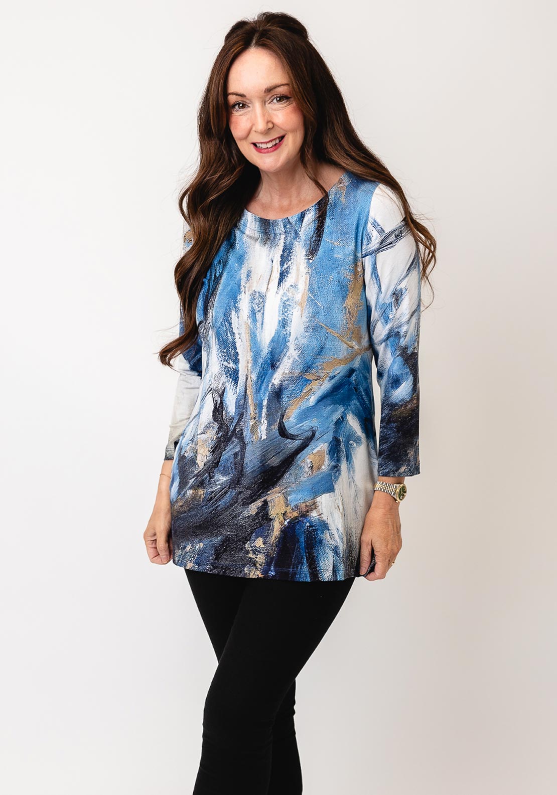 Dolcezza Long Round Neck Storm Fitted Top, Blue