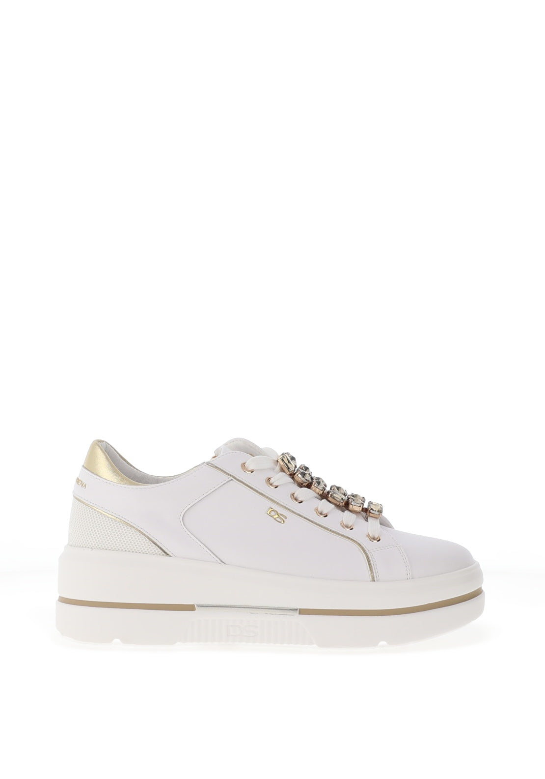 Donna Serena Leather Diamante Laced Trainers, White Platinum