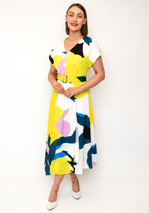 Ella Boo Printed V Neck Belted Aline Dress, Yellow