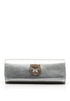 Emis Leather Embellished Brooch Clutch Bag, Silver