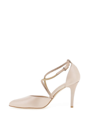 Emis Leather Criss Cross Diamante Heeled Shoes, Beige and Gold