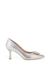 Emis Leather Embellished Brooch Heeled Shoes, Silver