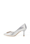 Emis Leather Embellished Brooch Heeled Shoes, Silver