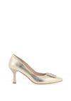 Emis Leather Embellished Brooch Heeled Shoes, Gold