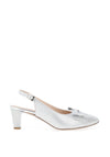 Emis Leather Shimmering Bow Sling Back Mid Heeled Shoes, Silver